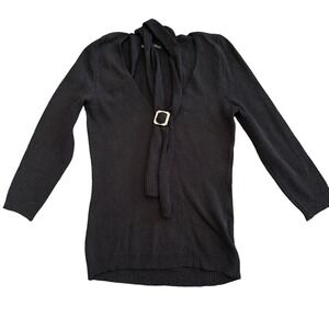 Bette Paige Black Knit Scarf Neck Sweater Rhinestone Buckle Long Sleeve Small
